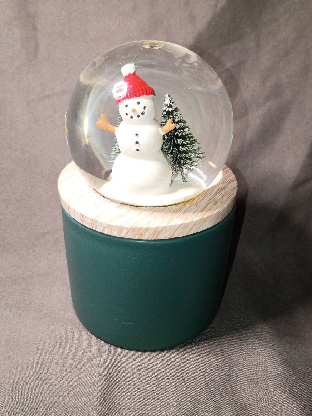Holiday Snowman Glass Globe Candle with Green Base